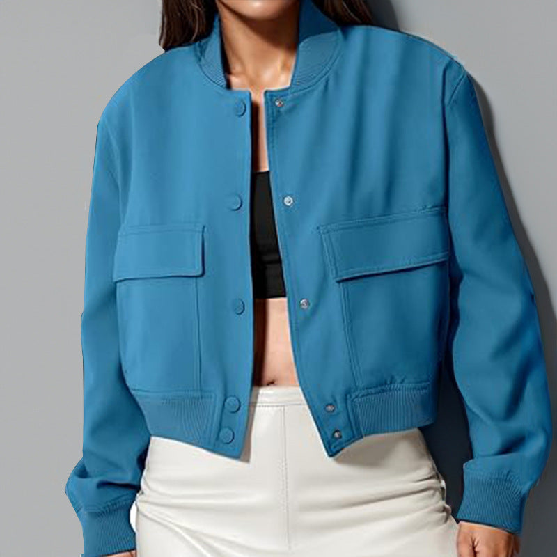 Veste à col montant boutonnée à la mode avec de grandes poches décontractée, décontractée, ample et courte, avec vêtements pour femmes