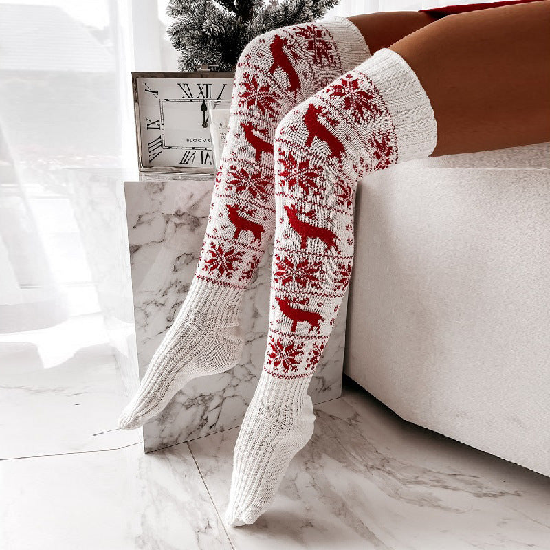 Hiver Noël chaud tricoté femmes bas beau Elk flocon de neige jacquard sur le genou longues chaussettes décontractées pour dames cadeaux taille gratuite