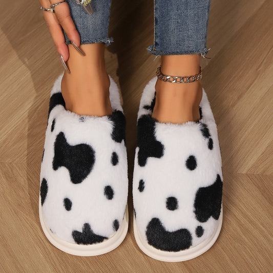 Pantoufles mignonnes en peluche, en forme de vache tachetée | chaussures de maison | antidérapantes | pour la chambre à coucher | chaussures de couple