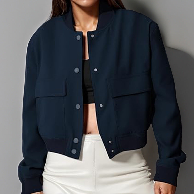 Veste à col montant boutonnée à la mode avec de grandes poches décontractée, décontractée, ample et courte, avec vêtements pour femmes