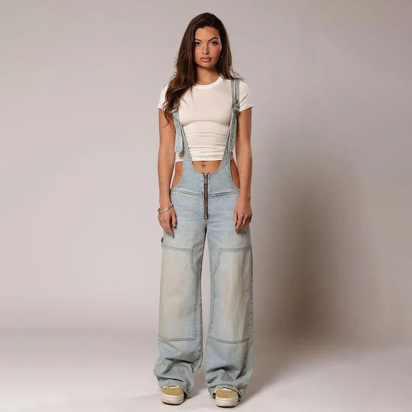 Y2K-salopette en denim avec poches, combinaison ample à la mode | vêtements de vêtements pour femmes