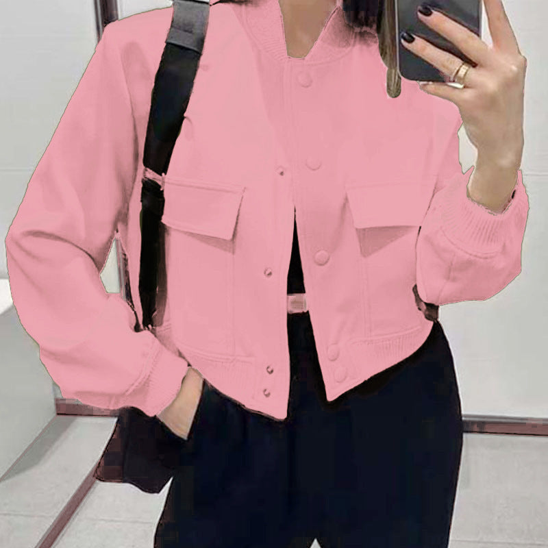 Veste à col montant boutonnée à la mode avec de grandes poches décontractée, décontractée, ample et courte, avec vêtements pour femmes