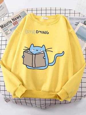 Females Sweatshirts Love Studing Cute Cat Printed Tops Womens Korean Fashion Oversize Sweater Kawaii Animal 2022 New Lady Hoodie