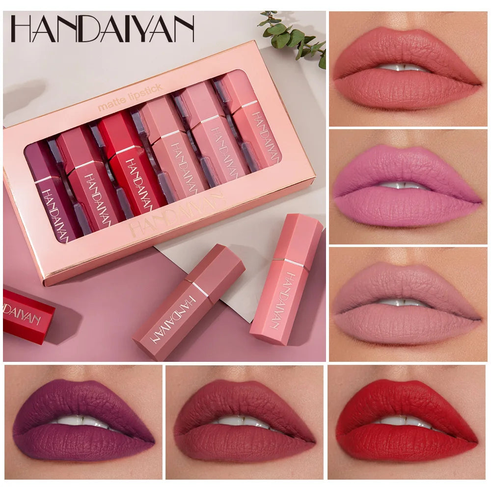 Handaiyan 6 Pcs Matte Waterproof Velvet Nude Lipstick Sexy Red Brown Pigments Makeup Long Lasting Profissional