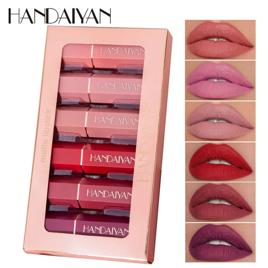 Handaiyan 6 Pcs Matte Waterproof Velvet Nude Lipstick Sexy Red Brown Pigments Makeup Long Lasting Profissional