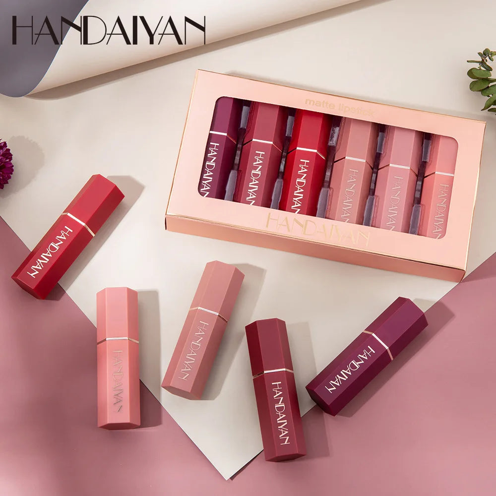 Handaiyan 6 Pcs Matte Waterproof Velvet Nude Lipstick Sexy Red Brown Pigments Makeup Long Lasting Profissional