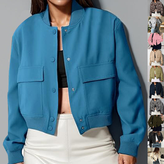 Veste à col montant boutonnée à la mode avec de grandes poches décontractée, décontractée, ample et courte, avec vêtements pour femmes