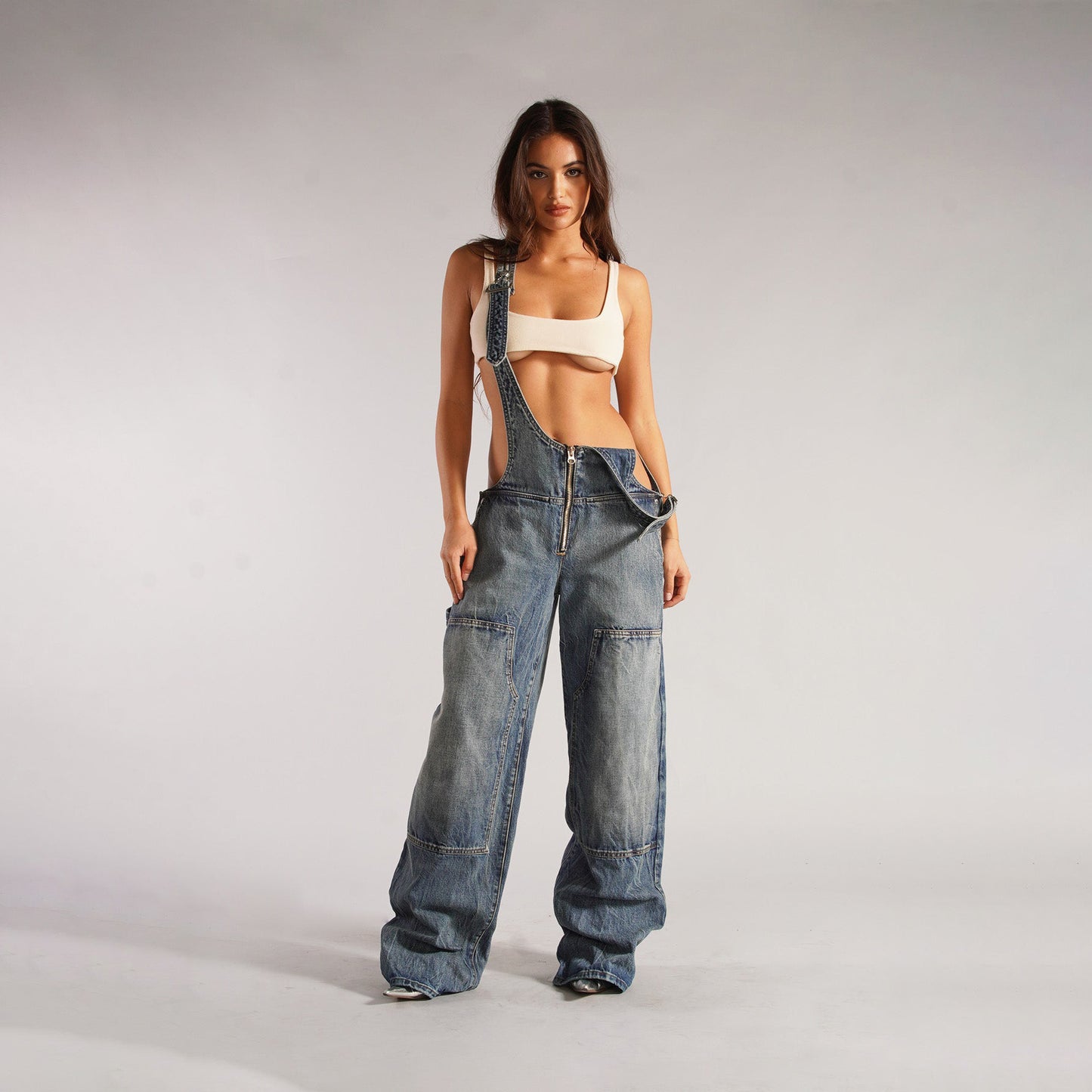 Y2K-salopette en denim avec poches, combinaison ample à la mode | vêtements de vêtements pour femmes